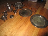 Silverplate Lot - Tall Coffee Pot, 2 Pierced Plates, Cups/Creamer/Sugar