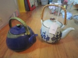 2 Vintage Glazed Stoneware Teapots, 1 Blue Floral/Wicker Handle