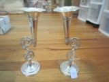 Pair - Metal Curled Design Candle Holders w/ Scalloped/Floral Design Holders
