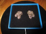 Heidi Daus Pair - Purple/Iridescent Rhinestone Rose Design Clip-On Earrings