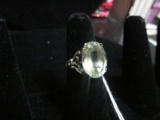Large Oval Green Stone Ring Fleur De Lis Design 925