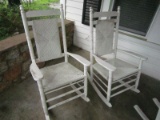 Pair - White Rocking Chair Wooden Arms/Wicker Seats Spindle Design