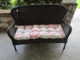 Dark Wicker Patio/Porch Bench Diamond Pattern Motif, Floral Cushion