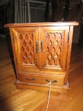 Wooden Miniature Cabinet/Jewelry Chest Musical 4 Drawers, 2 Hutch Doors, Lattice Motif