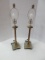 Pair - Uttermost Lighting Column Style Table Lamps on Beaded Trim Plinth Base Antiqued Patina