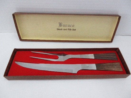 Mid-Century Modern Burnco Steak & Rib Carving Set w/ Wooden Handles