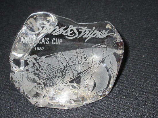 Stars & Stripes America's Cup 1987 Etched Commemorative Crystal Paperweight