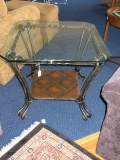 Spanish Style Wrought Iron End Table w/ Faux Leather Beveled Tile Base Shelf, Scroll Legs