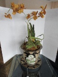 Semi-Porcelain Oriental Style Hand Painted Aquatic Lotus Flowers & Foliage Design Planter