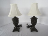 Pair - Resin French Inspired Urn Shape Boudoir Lamps Relief Swag & Bow Design Bronze Patina
