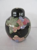 Semi-Porcelain Ginger Jar w/ Lid Hand Painted Grape Vine Pattern Vibrant Colors on Black