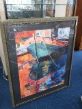 Vivid Boat Reflection Impressionist Art Print in Gilded Antique Patina Textured Frame/Matt
