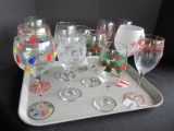 Lot - Misc. Wine Stems, Holiday Theme Hand Painted Designs