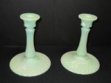 Pair - Fenton Art Glass Sea Mist Green Iridescent Swirl Pattern Candle Sticks