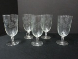 5 Etched Glass Footed Iced Tea Goblets Flowers & Foliage Design