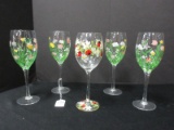 5 Crystal Wine Glass Stems Hand Painted Wild Flowers & Lady Bugs Pattern