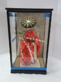 Gorgeous Geisha Doll in Formal Kimono Holding Flowering Vine in Black Lacquer Frame