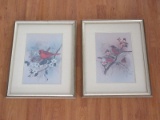 Pair - Bird Prints Cardinals Perched on Flowering Dogwood & Robins
