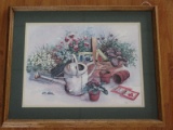 Gardening Water Can & Flowers Print Artist Peggy Abrams in Oak Frame/Matt