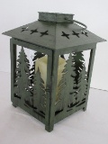 Decorative Tin Lantern w/ Pierced Woodland Design & Flameless Candle