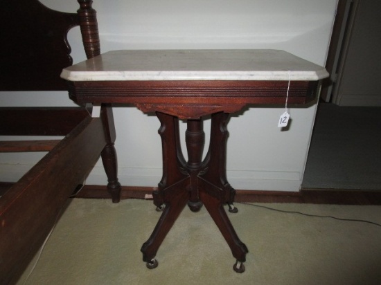 White Marble Top Ribbed/Square Cut Wooden Base, 4 Pedestal Base Legs on Casters Side Table