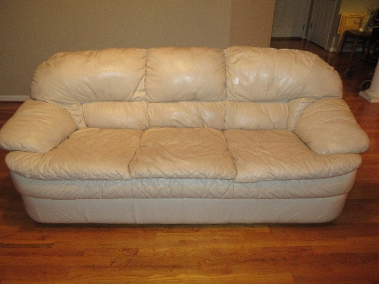 Contemporary Modern Beige Leather Sofa w/ Curved Back & Side