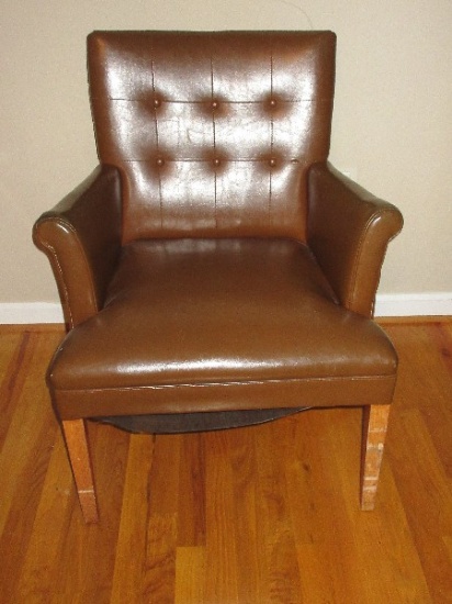 Mid-Century Modern Occasional Arm Chair Brown Vinyl Block Design