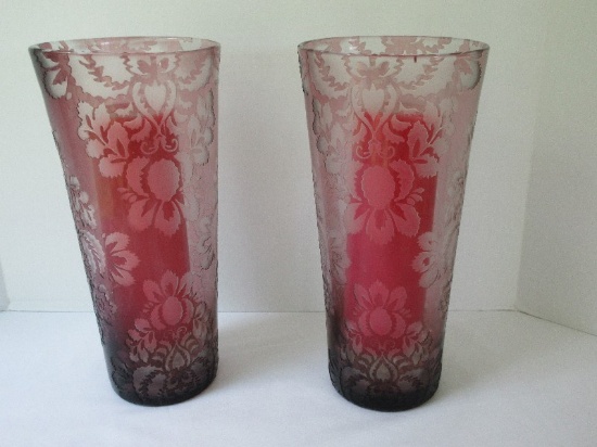 Pair - Plum Etched Frosted Classic Damask Pattern Glass 12" Vases/Pillar Candle Holders