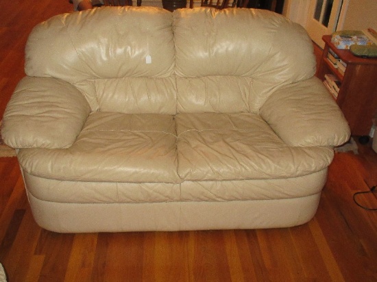 Contemporary Modern Beige Leather Loveseat w/ Curved Back & Side
