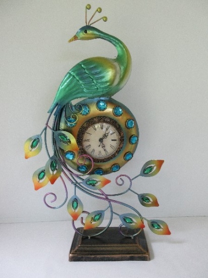 Stunning Tin Metal Bejeweled Peacock Statuette Clock