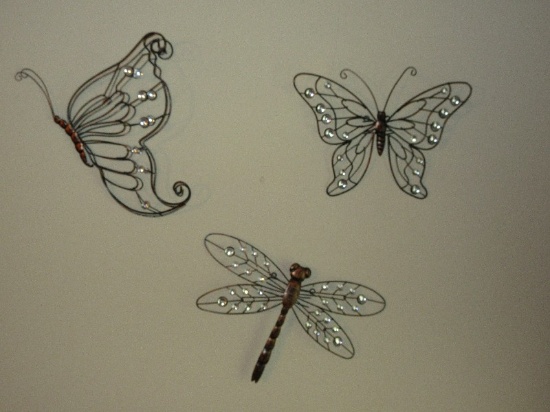 Set - Metal Wall Décor Bejeweled Accents, 2 Butterflies & Dragonfly