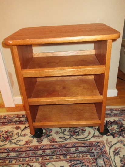 Pine Natural Finish Side Table on Casters w/ Shelves