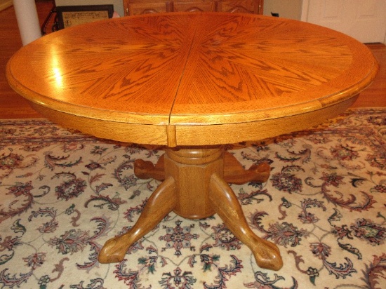 Oak Pedestal Claw Foot Sunburst Design Top Dining Table w/ Leaf & Burled Walnut Vinyl Design