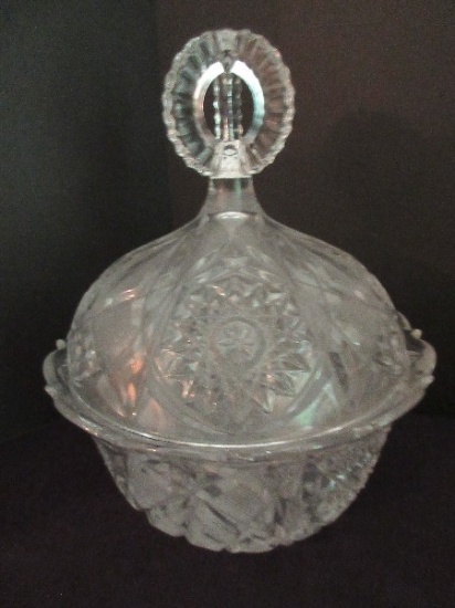 Crystal Round Covered Candy Dish Hobstar Pattern w/ Pierced Loop Design Finial