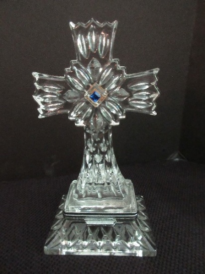 Lenox Fine Crystal Cross Trinket Box w/ Sapphire Gemstone Accent & Silvertone Pendant