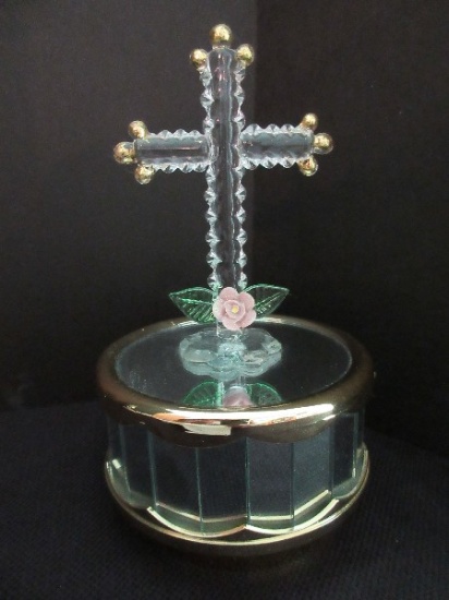 Crystal Art Glass Cross Adorned w/ Rosebud on Mirror Pedestal Revolving Base