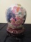 Asian Motif/Design Urn Vase w/ Wood Stand Colorful Floral Motif