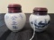 Pair - Ceramic Urn Bud Vases Asian Motif Lettering