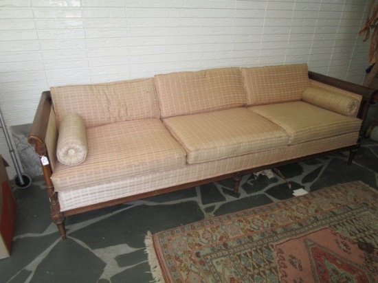 Wooden Frame 3 Seat Couch Pink Striped Upholstered Cushions, Block-Spindle Columns