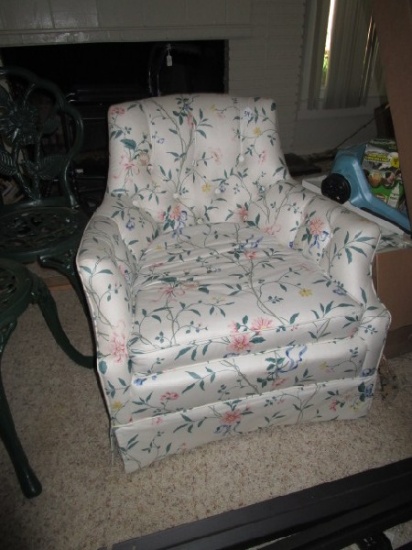 Pair - Floral/Branch Pattern Upholstered Pin-Back Chairs