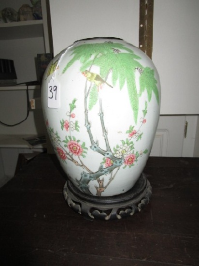 Large Ceramic Porcelain Asian Bird/Floral/Tree Branch Motif Urn Vase on Wood Base