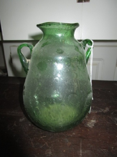 Green Vintage Glass Handled Vase Hand Blown