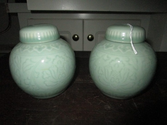 Pair - Turquoise/Lilly Patterned Urn Vases w/ Lids, Chinese Stamp on Base