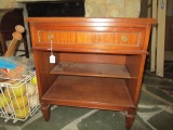 Wooden Side Table 1 Drawer, Brass Pulls, Gilted Trim w/ 1 Inlay Shelf, Arrow Feet