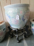 Large Ceramic Pink Floral Motif Planter Pot w/ Wood Stand