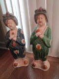 Pair - Green/Blue Old Lady Asian Ceramic Statues