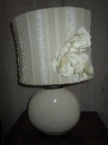 Round Body Ceramic/Crazed Lamp w/ Wood Neck/Base w/ Fabric Trim Shade