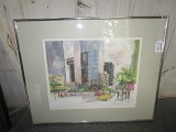 City Scene Watercolor Print Litho in Metal Frame/Matt Artist Signed Charlotte