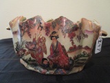 Long Planter Bowl w/ Embellished/Gilted Hand Painted Asian Garden Motif Scene