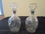 Pair - Impressed Glass Pattern Wide-To-Narrow Neck Decanters w/ Stoppers Glass/Cork